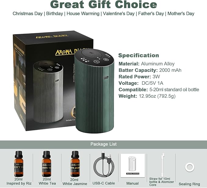 Waterless Essential Oil Diffuser Starter Kit with 3 x 20mL Essential Oil, Rechargeable Scent Diffuser for Home Car Bathroom, 3 Mist & 4 Timer, Portable Small Aromatherapy Diffuser Machine, DarkGreen