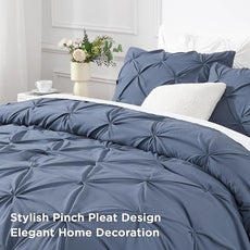 Andency Dark Blue Grey Pinch Pleat Comforter Full(79x90Inch), 3 Pieces(1 Down Alternative Comforter and 2 Pillowcases) Dark Blue Grey Bed Set Microfiber Pintuck Bedding Set