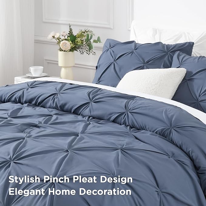 Andency Dark Blue Grey Queen Comforter Set, 3 Piece All Season Decorative Pintuck Bedding Comforter & Sets, Dark Blue Grey Soft Microfiber Lightweight Washable Bed Set for Queen Size Bed