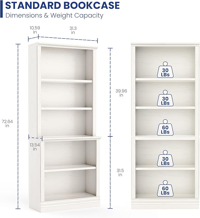 72 in Tall Bookcase, Cream White 31.3 in Wide Floor Standing Bookshelf, 5 Tier Large Floor Standing Display Storage Shelves with Adjustable Shelves for Living Room Hallway Home Office Bedroom