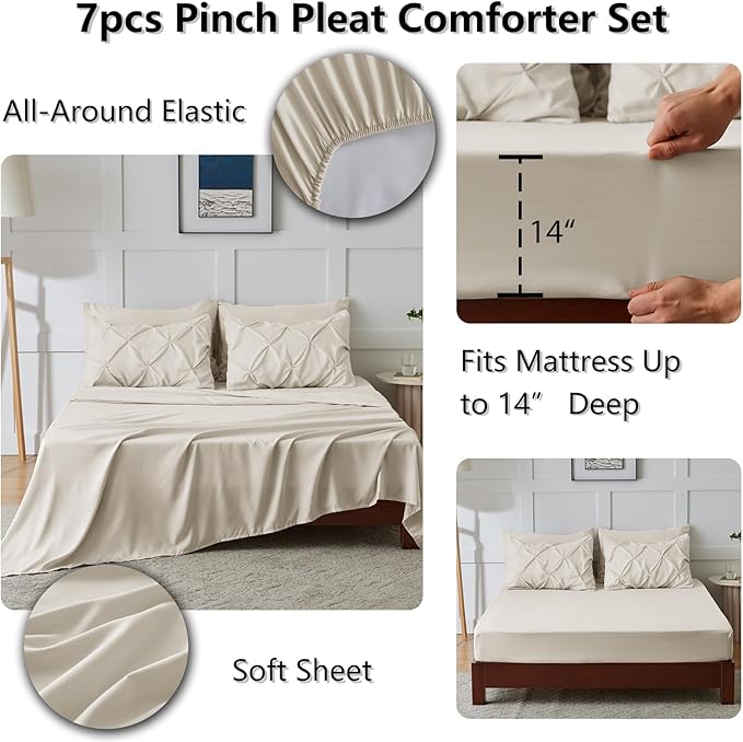 CozyLux Oversized King Comforter Sets Beige, 7 Pieces Oversized King Pintuck Bed in A Bag, Pinch Pleat Bedding Sets with All Season Comforter, Flat Sheet, Fitted Sheet, Pillowcases & Shams