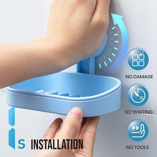 TAILI Soap Dish Bar Holder Suction Cup,Soap Saver with Powerful Vacuum Suction,Sponge Holder for Shower,Bathroom,Tub and Kitchen Sink, Universal Shower Accessories,Drill-Free,Removable,Blue