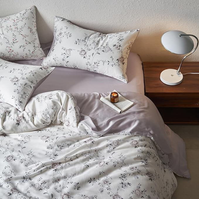 mixinni Elegant Floral Duvet Cover Set Full Size 3 Piece Soft Comfy Naturally Lyocell Vintage Style Purple Flower Leaves Bedding Set 1 Duvet Cover with 2 Pillowcases, Ultra-Breathable-Full Size