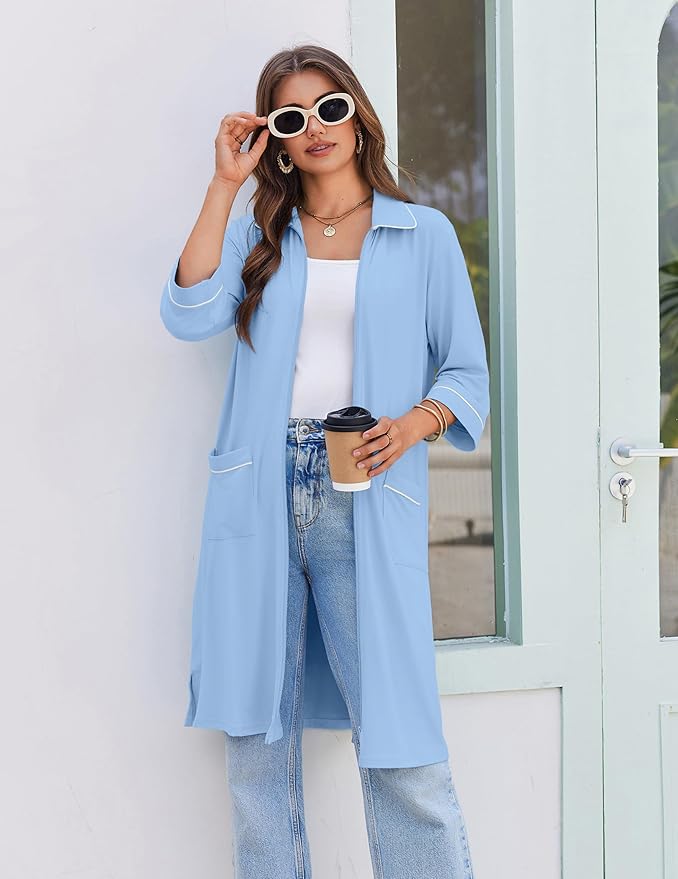 Ekouaer Zipper Robes for Women 3/4 Sleeve Housecoats Knee Length Bathrobe Lightweight Nightgown with Pockets S-3XL