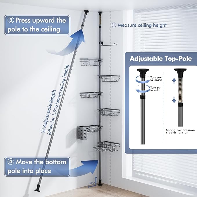 Corner Shower Caddy Tension Pole,30-120 Inch Adjustable Shower Organizer, 6-Tier Shower Shelves with Towel Rack/Toothbrush Holder/Soap Dish, Bathroom Corner Storage Rust-Resistant