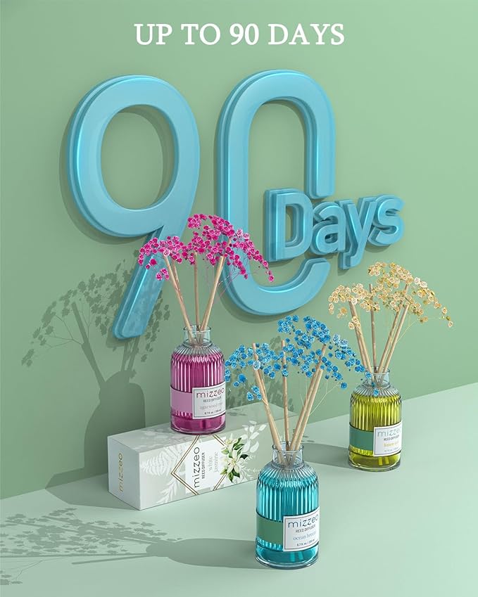 MIZZEO Reed Diffuser Set, White Jasmine 6.76 fl oz Highly Scented Room Diffuser Home Fragrance Essential Oil Reed Flower Diffuser, House Bedroom Office Decor & Gifts