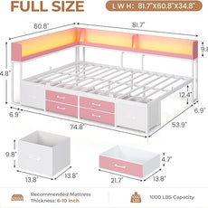 VIAGDO Corner Bed Frame Full with Storage Bookcase and 6 Drawers, Metal Platform Corner Bed Frame with LED Lights and Charging Station, Full Daybed for Kids Teenagers, Pink