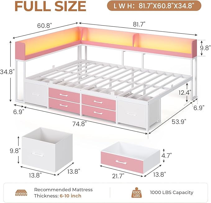 VIAGDO Corner Bed Frame Full with Storage Bookcase and 6 Drawers, Metal Platform Corner Bed Frame with LED Lights and Charging Station, Full Daybed for Kids Teenagers, Pink
