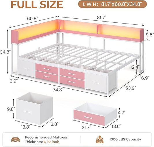 VIAGDO Corner Bed Frame Full with Storage Bookcase and 6 Drawers, Metal Platform Corner Bed Frame with LED Lights and Charging Station, Full Daybed for Kids Teenagers, Pink