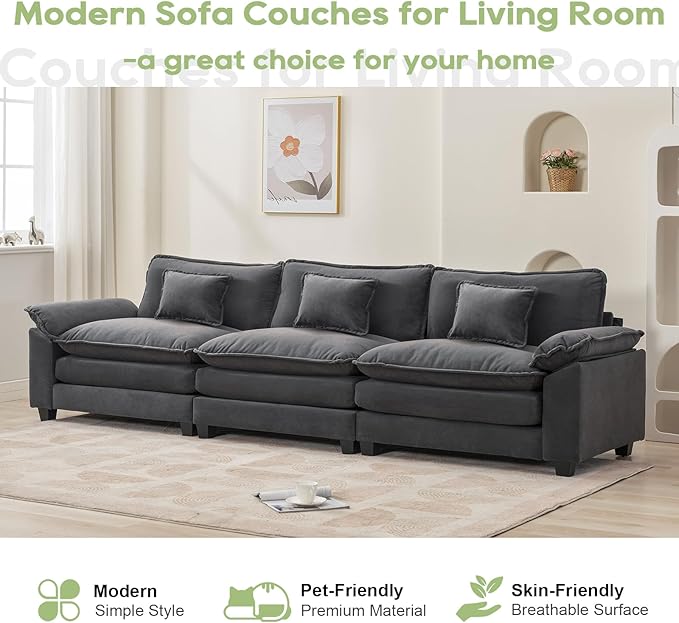 120" Modular Sectional Sofa, Comfy Cloud Couch Sectional Sofa, Velvet Sofa Sleeper Deep Seat Sofa with Throw Pillows for Living Room (Blue Gray, 120"- 3 Seater)