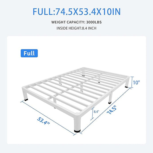 MAF 10 Inch Full Size Bed Frame White with Round Corner Legs Mattress Slide Stopper No Box Spring Needed Heavy Duty Metal Platform Bed Frames Under-Bed Storage Space, 3000 LBS Steel Slats Support