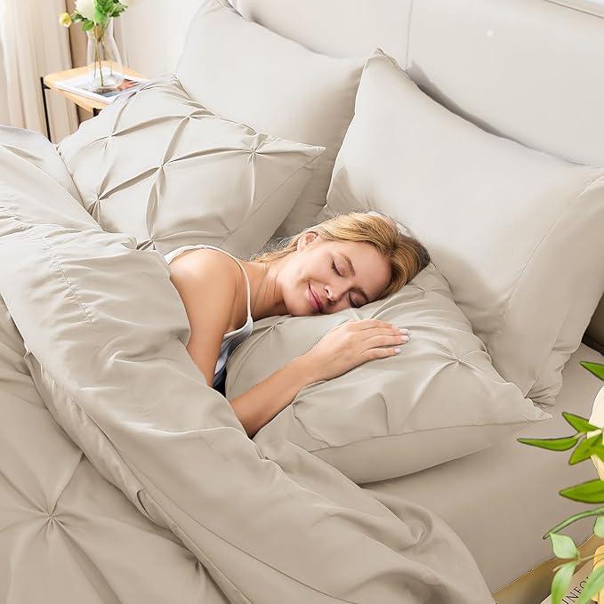CozyLux Oversized Queen Comforter Sets Beige, 7 Pieces Oversized Queen Pintuck Bed in A Bag, Pinch Pleat Bedding Sets with All Season Comforter, Flat Sheet, Fitted Sheet, Pillowcases & Shams