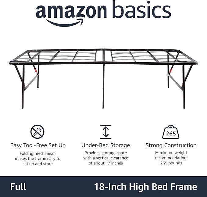Amazon Basics Bed Frame with Storage, Foldable Metal Platform, Sturdy Steel, No Box Spring Needed, 18 inches High, Tool-Free Setup, Full Size, Black