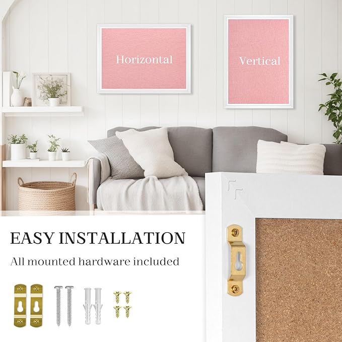 Large Pink Cork Board with Linen, 24" x 18" Hanging Wood Framed Bulletin Board, Picture Display Vision Board Corkboards for Wall Room School Office Decor, 10 Pushpins, 1 Pack