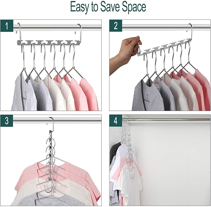 Meetu Space Saving Multifunctional Clothes Hangers - Stainless Steel 6X2 Slots Magic Cascading Hanger With Updated Hook Design - Closet Organizer (Pack of 20)
