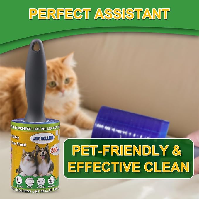 Lint Roller Pet Hair Value Pack of 250 Sheets, Extra Sticky Lint Remover for Dog & Cat Fur, Clothes, Furniture, Couches Reusable Lint Remover for Fuzz, Fluff & Hair (Blue)