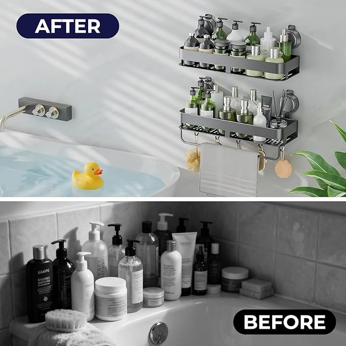 ONXE Shower Caddy Suction Cup,2 Pack Extra-Strong Suction Shower Shelves,No Drilling Rustproof Organizer for Bathroom,Kitchen,Home Decor,Reusable Bathroom Storage with Large Capacity(15.7 inch)