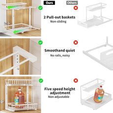 Under Sink Organizer, 2 Tier Slide Out Under Sink Organizers and Storage, Height Adjustable Pull out under cabinet storage, Metal Bathroom Kitchen Sink Organizer，2 Pack