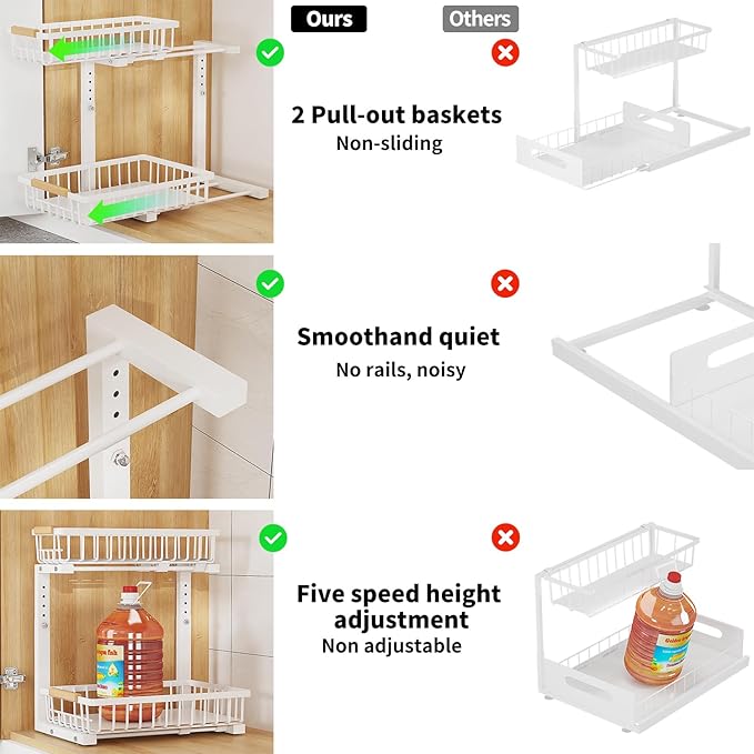 Under Sink Organizer, 2 Tier Slide Out Under Sink Organizers and Storage, Height Adjustable Pull out under cabinet storage, Metal Bathroom Kitchen Sink Organizer，2 Pack