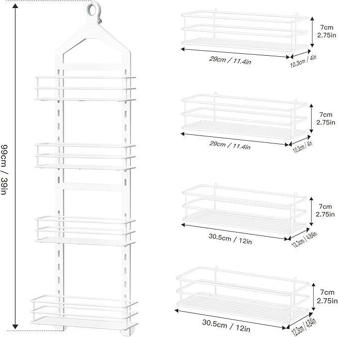Orimade 4 Tier Adjustable Anti-slip Shower Caddy Over Shower Head, Rustproof Bathroom Hanging Organizer With 4 Hooks for Razor, No Drilling Shower Shelves Storage Rack, White