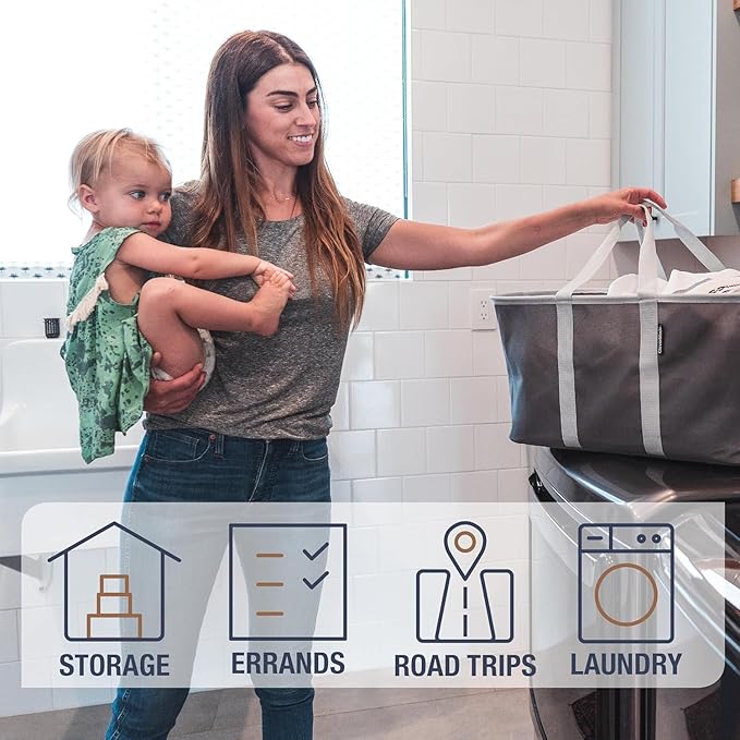 CleverMade Collapsible Laundry Tote - Midnight Black Shadow Gray 2-Pack 50L - Foldable Storage Organization Container for Clothes Laundry Room Storage