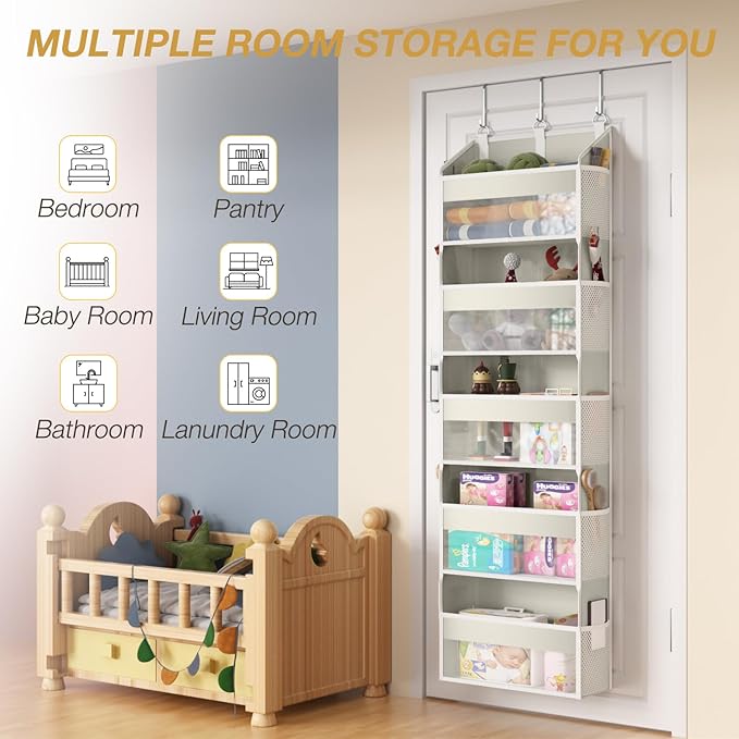 Over the Door Organizer with 5 Front & 10 Mesh Side Pockets, 50LB Capacity Extra Large Hanging Storage Organizer Multi-Room Space-Saving Hanging Shelves with 3 Hook for Closet, Kitchen, Pantry, Beige
