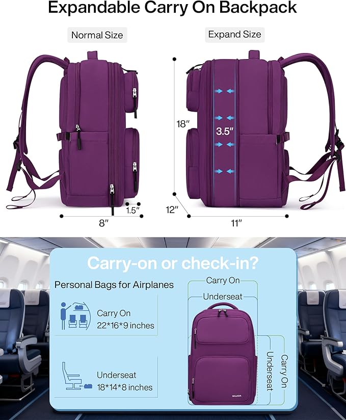 MILADA Expandable Travel Backpack 28L to 39L, TSA-Approved Carry On Backpack with 17 Inch Laptop Compartment, School Business Work Backpack for Men & Women, Purple