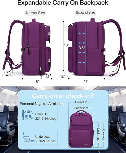 MILADA Expandable Travel Backpack 28L to 39L, TSA-Approved Carry On Backpack with 17 Inch Laptop Compartment, School Business Work Backpack for Men & Women, Purple