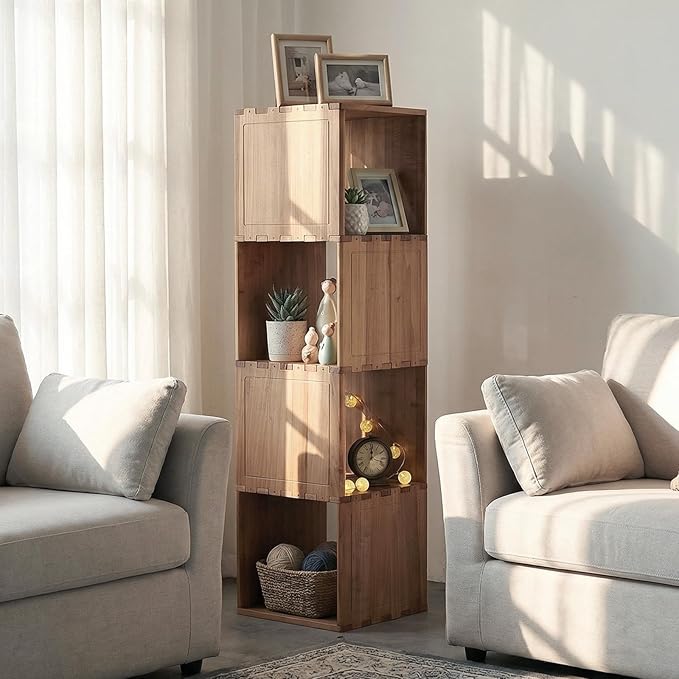 Solid Wood Corner Shelf, Square Bookcase Cube Tower, Stationary Shelves - Sturdy Freestanding Organizer for Beside TV Stand&Room Corners, Storage Display for Small Spaces, Rustic Brown, 4-Tier