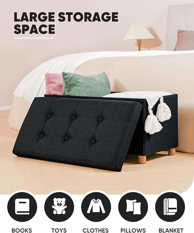 B FSOBEIIALEO Storage Ottoman with Tray, Foot Stools and Ottomans with Legs, Storage Cube Seat Linen Black 30"