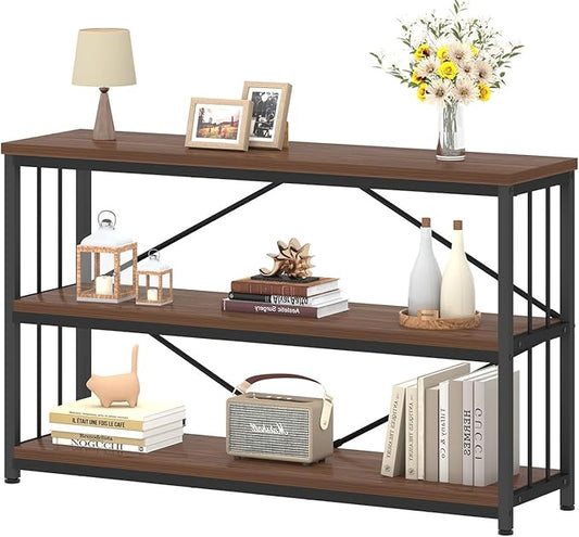 IBF 3-tier Industrial Bookshelf, Wood and Metal Horizontal Shelves Rustic Low Wide Bookcase with Large Open Storage, Farmhouse Simple Display Shelf for Home Office Living Room Kitchen, Walnut, 47 Inch