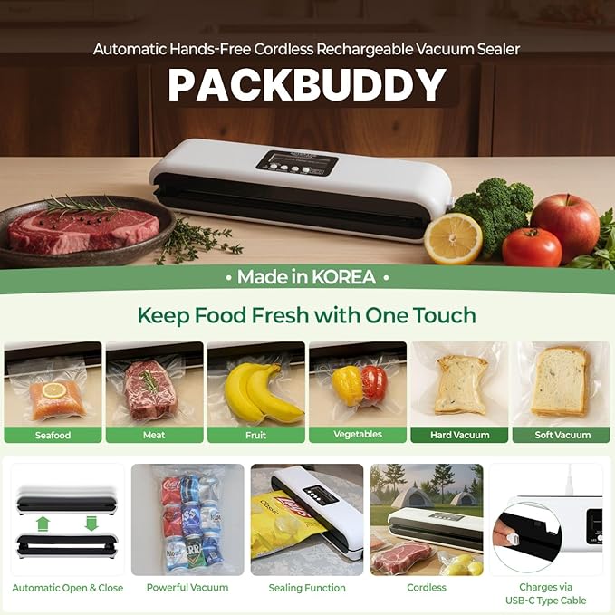 Cordless Vacuum Sealing Machine 85Kpa Powerful Suction One-Touch Operation No Lid Pressing Required - Compact Food Preservation for Home Use with 20 Pre-Cut Pouches
