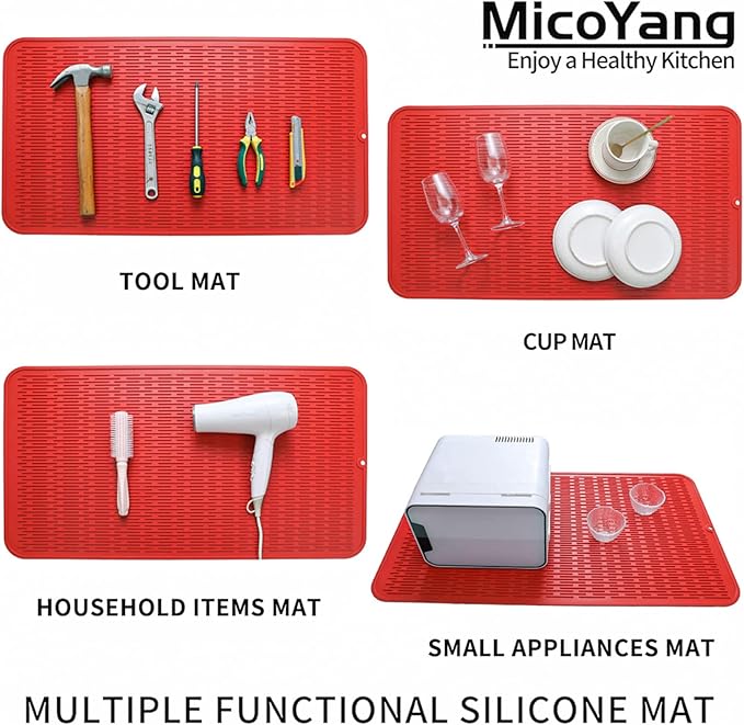 Silicone Dish Drying Mat for Multiple Usage,Easy clean,Eco-friendly,Heat-resistant Silicone Mat for Kitchen Counter or Sink,Refrigerator or Drawer Liner Red 4XL 32 inches x 18 inches