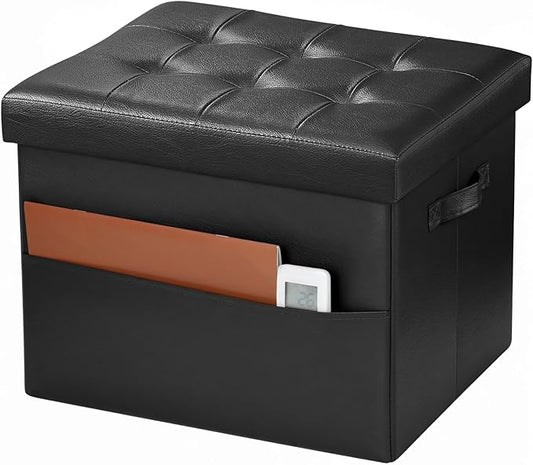 Storage Ottoman Foot Rest Stool, Small Leather Storage Ottomans Bench, Folding Foot Stool with Handles Lid, Foot Rest Under Desk for Living Room Bedroom, 17x13x13 in, Black