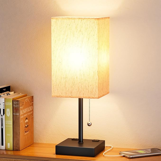 aooshine Medium Table Lamp with USB Ports - 3 Color Temperature Bedside Lamp for Bedroom, Pull Chain Control, USB A and C Ports, 2 AC Outlets, Bulb Included