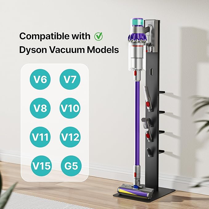 Vacuum Cleaner Stand, Compatible with Dyson Gen5 V15 V12 V11 V10 V9 V8 V7 V6, Floor Cordless Vacuums Attachment Holder with 4 Hooks and 4 Shelves, Metal Storage Bracket Organizer, Black