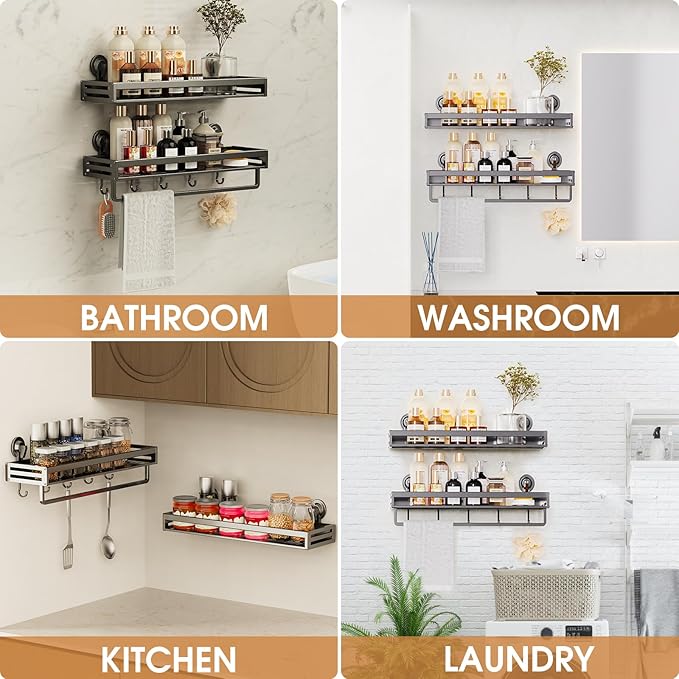 Shower Caddy Suction Cup, 15.8 inch 2 Pack Suction Shower Shelf with Hooks NO-Drilling Bathroom Holder, Rustproof Bathroom Organizer, Includes 2 Extra Suction Cups, Dark Grey