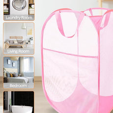 Durable Collapsible Laundry Baskets - Reinforced Mesh Pop Up Laundry Hamper with Pocket, Foldable Dirty Clothes Hamper with Carry Handles for Laundry, Bathroom, Kids Room, Dorm or Travel Pink+Grey