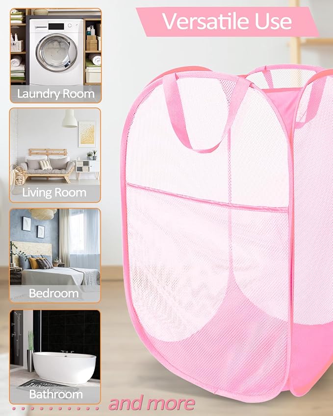 Durable Collapsible Laundry Baskets - Reinforced Mesh Pop Up Laundry Hamper with Pocket, Foldable Dirty Clothes Hamper with Carry Handles for Laundry, Bathroom, Kids Room, Dorm or Travel Pink+Black