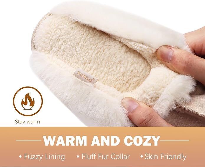 KuaiLu Womens Fluff Dual Memory Foam Slippers Ladies Cozy Arch Support Warm Scuff Slippers Slip on Comfy Winter House Shoes with Non-Slip Indoor Outdoor Hard Sole