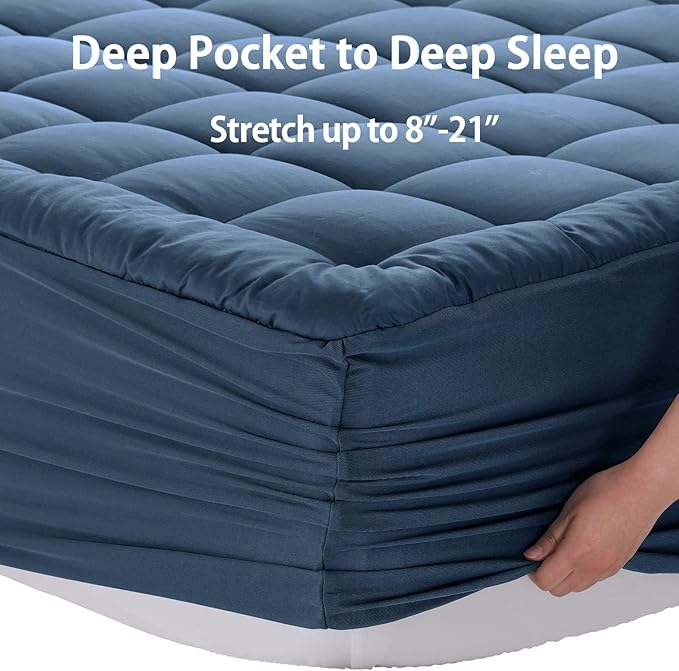 EASELAND California King Mattress Pad Pillow Top Mattress Cover Quilted Fitted Mattress Protector Long 8-21" Deep Pocket Cooling Mattress Topper (72x84 Inches, Dark Blue)