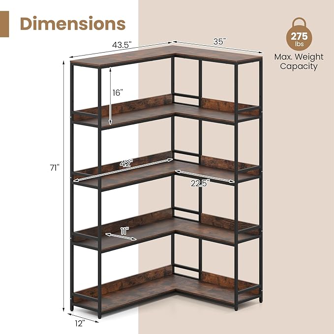 Giantex 5-Tier Corner Bookshelf, 71" L-Shaped Bookcase, Tall Etagere Bookshelf with Metal Frame, Industrial Open Display Shelf, Vertical Storage Rack for Living Room, Study, Office (Rustic Brown)