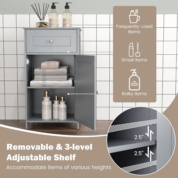 Tangkula Small Bathroom Cabinet for Small Spaces, Freestanding Single Door Storage with Adjustable Shelf, Anti-Tipping Device, Smooth Drawer, Floor Cabinet for Bathroom & Living Room (Gray)