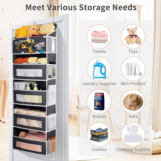 Over the Door Organizer, Large Capacity 5 Shelfs Hanging Door Organizer with Pockets and DIY Slots for Toys, Shoes, Diapers, Clothes, Behind Door Storage for Closet Wall Bedroom Nursery Pantry, Gray