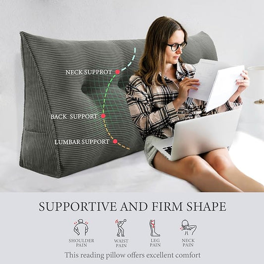 11 lbs Thickened Queen Wedge Pillow Headboard Body Positioner Triangular Reading Pillow Bed Bolster Pillow for Sitting in Bedwith Removable Cover Gift for Dad Backrest Cordury Gray