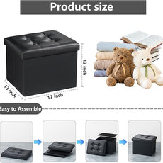 AmasSmile Storage Ottoman Folding Foot Rest Stool, Leather Footstool Bench, Short Ottoman Stool, Storage Foot Rest Store, Books (Black, 17