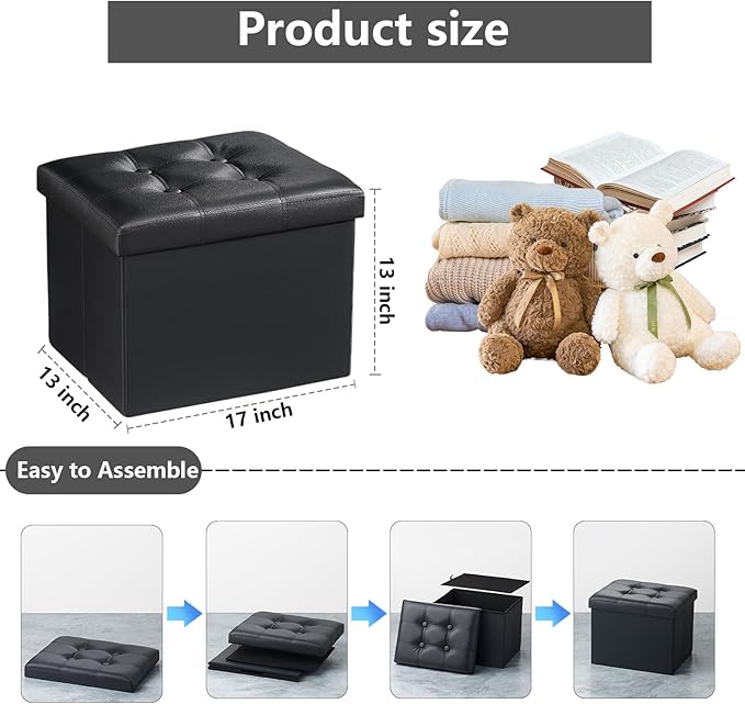AmasSmile Storage Ottoman Folding Foot Rest Stool, Leather Footstool Bench, Short Ottoman Stool, Storage Foot Rest Store, Books (Black, 17" D x 13" W x 13" H)