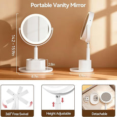 Shinowa Makeup Mirror with Lights, 1X/20X Lighted Magnifying Mirror with Storage for Makeup & Jewelry, 2-Sided Height Adjustable Vanity Mirror with 3 Color Lights, 360° Rotation & Rechargeable, White