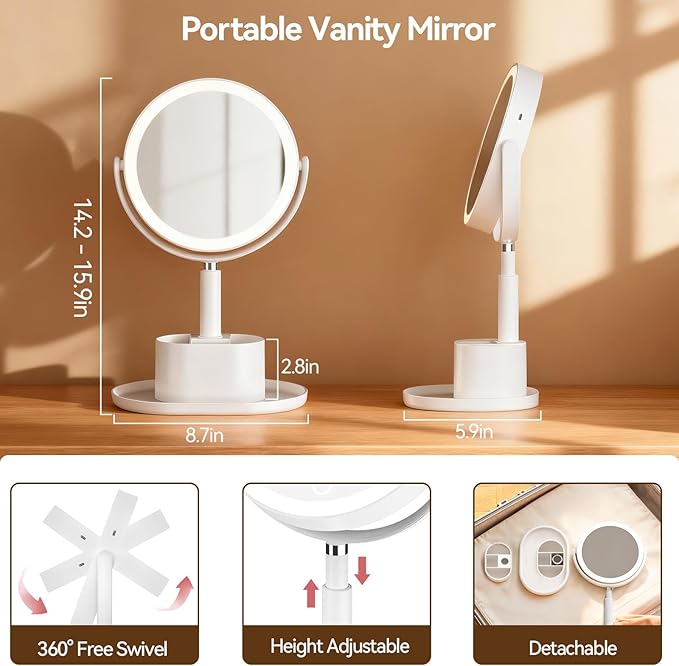 Shinowa Makeup Mirror with Lights, 1X/20X Lighted Magnifying Mirror with Storage for Makeup & Jewelry, 2-Sided Height Adjustable Vanity Mirror with 3 Color Lights, 360° Rotation & Rechargeable, White