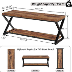 IBF Farmhouse Wood Bench, Industrial Storage Entryway Indoor Bench for Bedroom Hallway Living Room, Rustic Wooden Metal Shoe Rack Accent Foyer Bench Seat for Entrance Sitting, Rustic Brown, 47 in Long